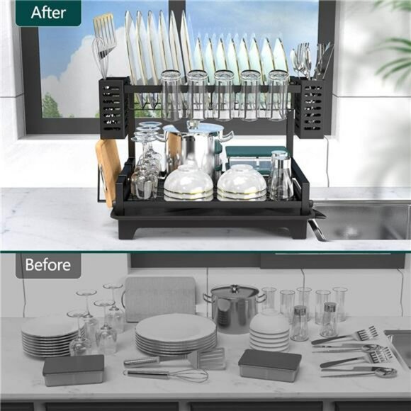 2 Tier Dish Drying Rack with Drainboard Utensil Holder for Kitchen Counter - Picture 5 of 7
